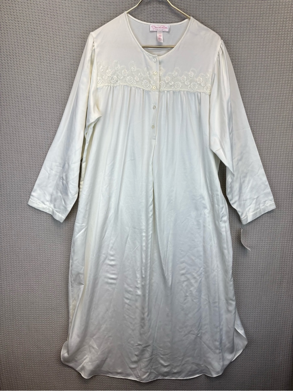 NWT Oscar de la Renta Womens White Lace Trimmed Nightgown Long Sleeve Large